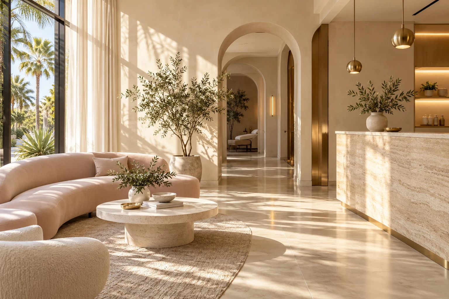 Illustrative medical spa lounge with ivory furnishings, blush seating and soft California sunlight